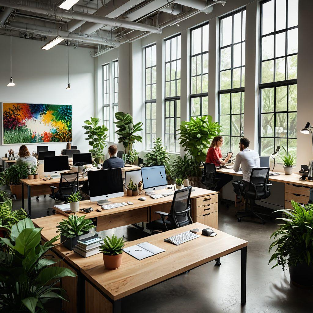 A vibrant office environment showcasing diverse employees collaborating in a creative workspace, filled with plants and natural light. Include elements symbolizing career growth, like upward arrows and achievement symbols, while highlighting employee satisfaction with smiling faces and supportive gestures. Illustrate a balance between productivity and well-being. super-realistic. vibrant colors. 3D.