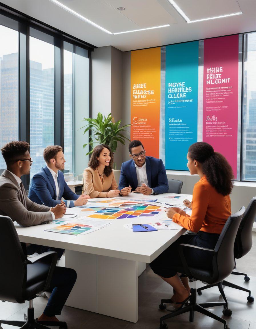 A diverse group of professionals in a collaborative office environment, discussing job opportunities around a table filled with career development materials. A wall display showcases tips for employee engagement and growth, while a window reveals a bustling cityscape. Include modern technology and vibrant colors to convey a dynamic atmosphere. super-realistic. vibrant colors. 3D.