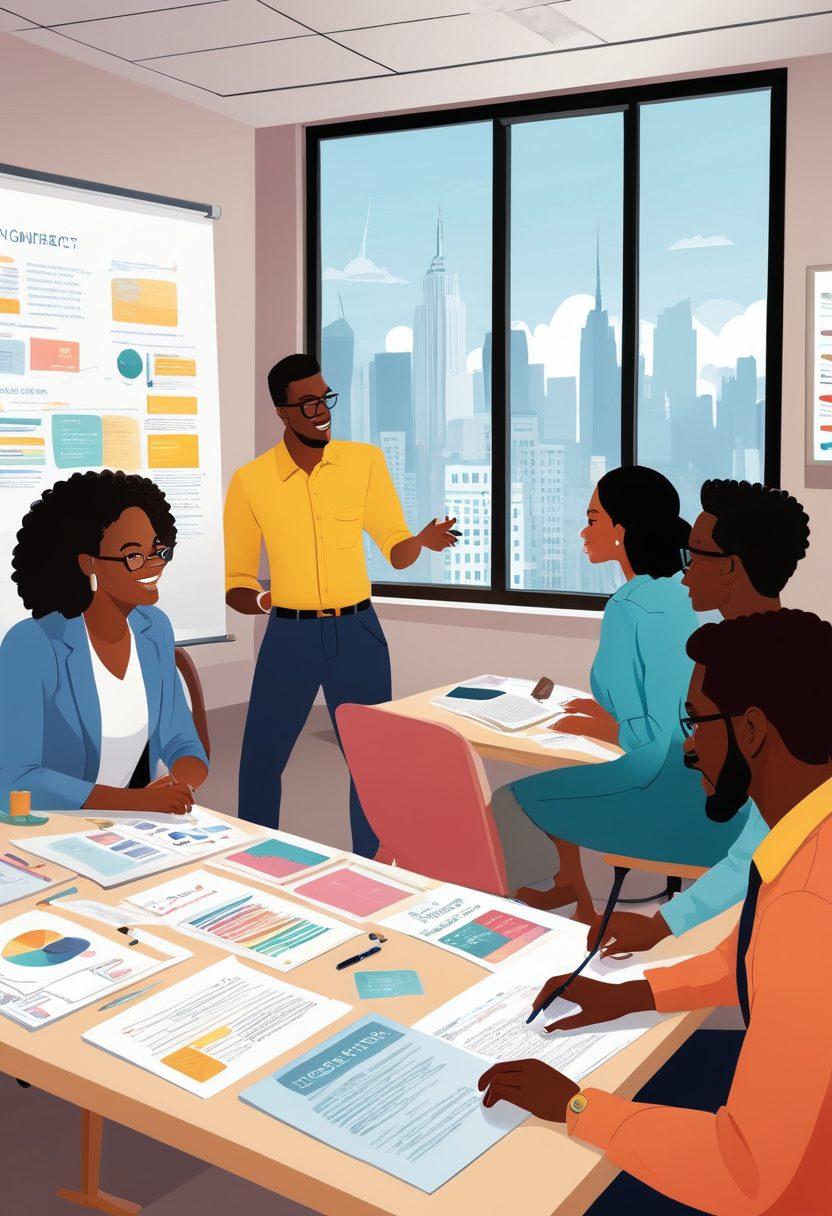 A professional setting depicting a diverse group of job seekers engaging in a lively workshop, surrounded by colorful resumes, interview preparation materials, and motivational posters. Showcase a large whiteboard filled with tips and advice, and the atmosphere should be vibrant and optimistic, reflecting the journey of finding a job. The background should have soft office colors and a glimpse of a city skyline through a window. vector art. vibrant colors.